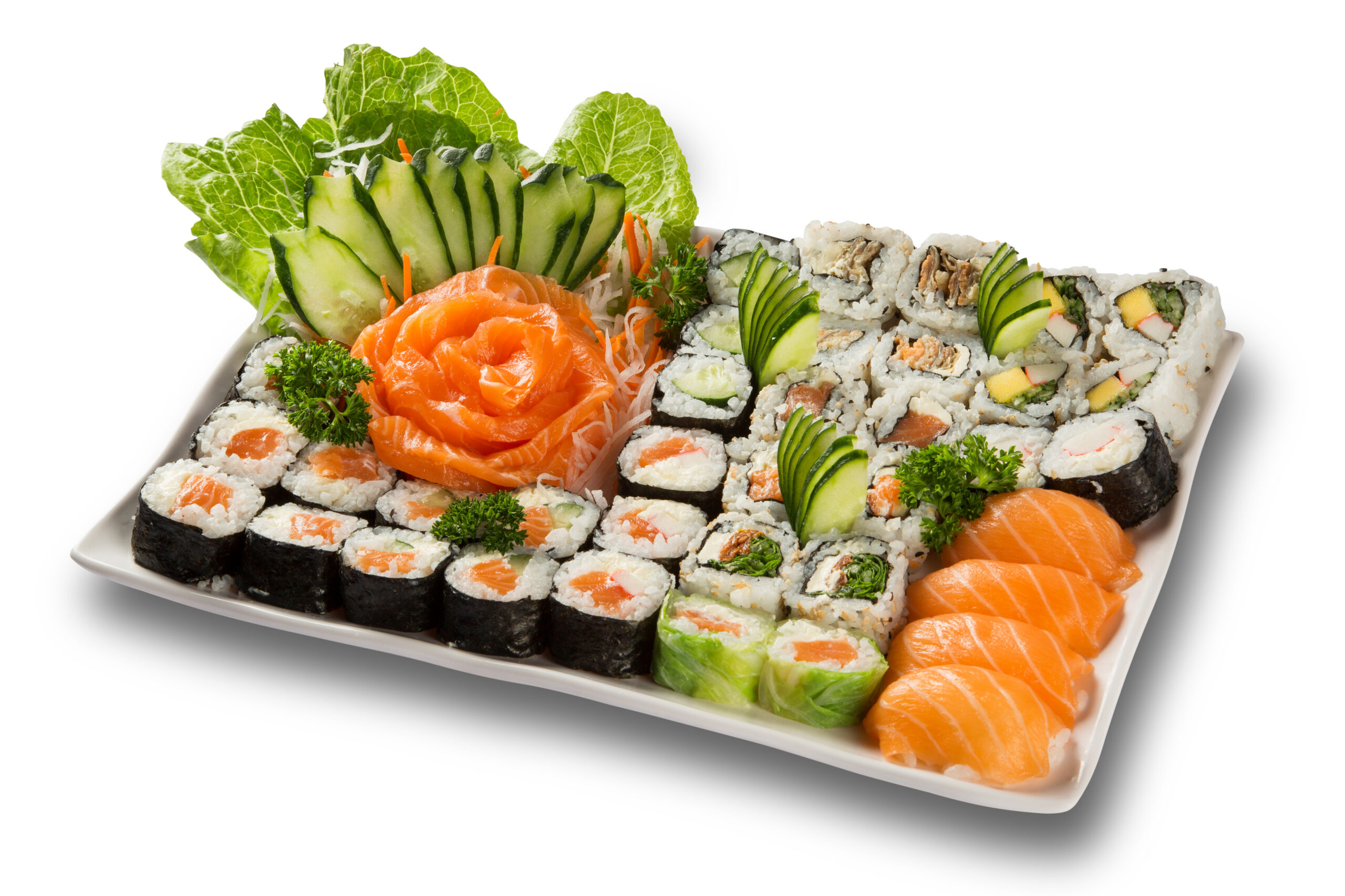 japanese seafood sushi and maki on white plate